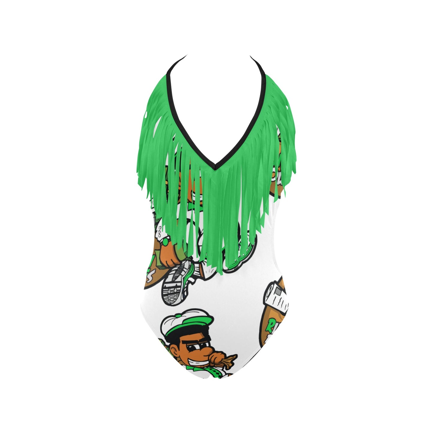 Green and White Women's Fringe Swimsuit